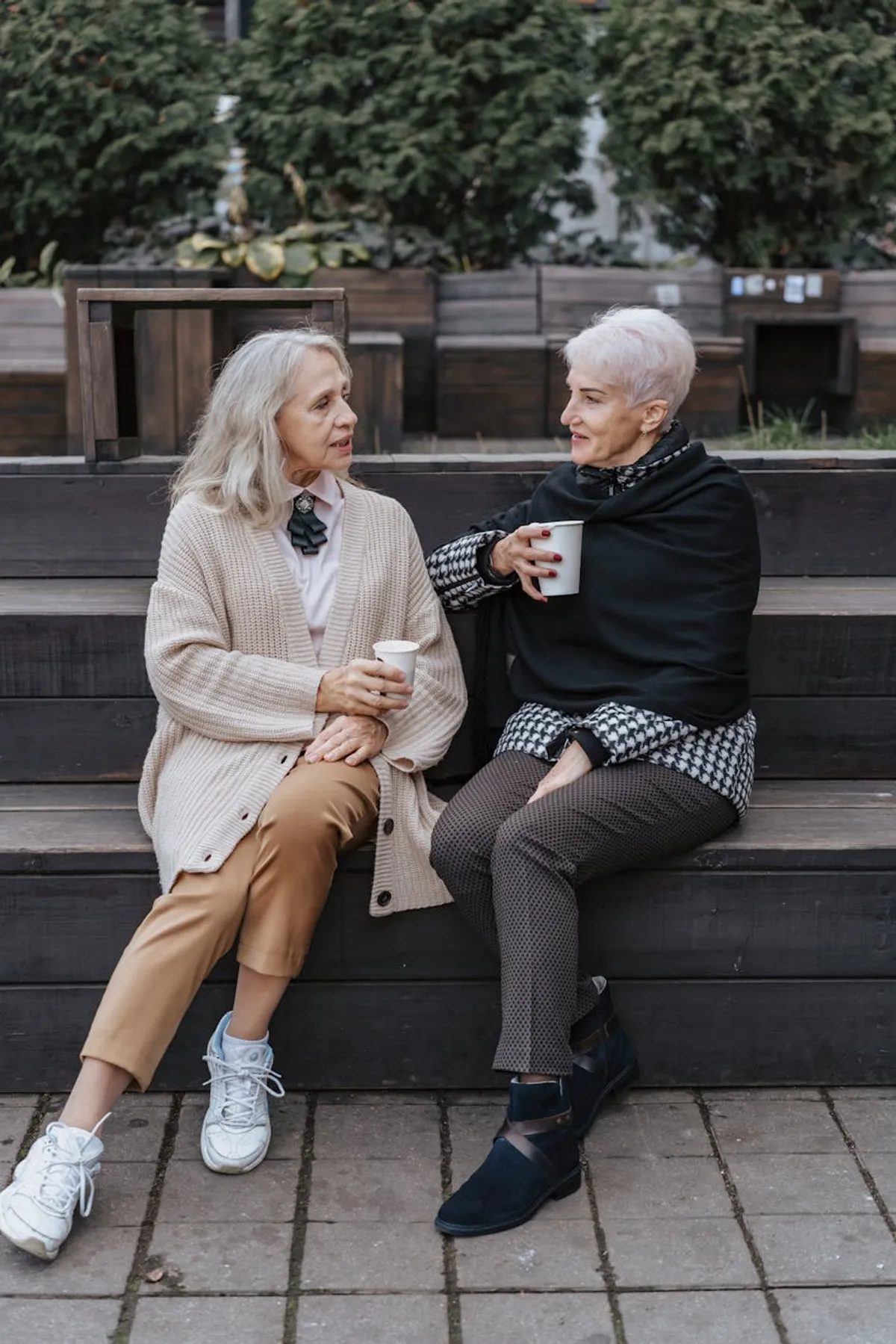 Two women having a conversation at a small table in a bright common room with plants on the windowsill.