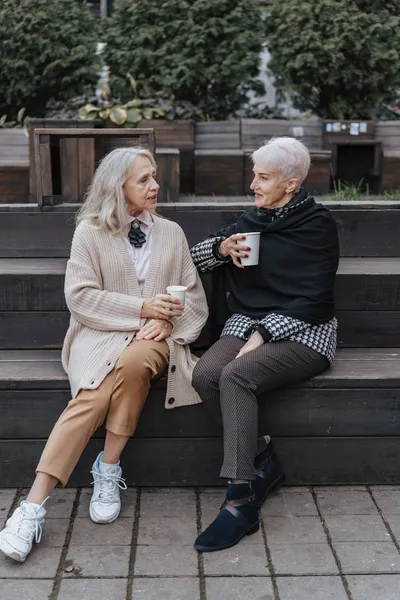 Two women having a conversation at a small table in a bright common room with plants on the windowsill.